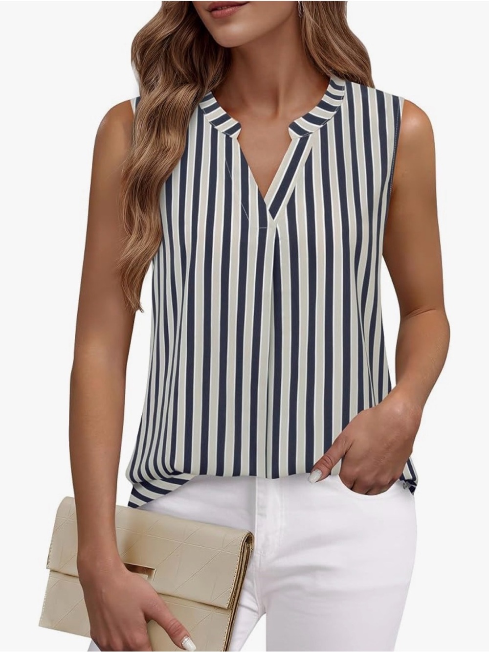 Sleeveless Navy and White Vertical Stripe V-Neck Tunic Top